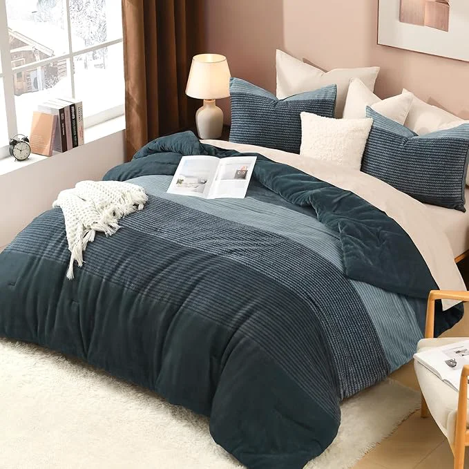 Superior Litanika Fluffy Fleece Queen Comforter Set Luxury Soft Plush Fuzzy Haze Blue Stripe Bedding Comforter Sets Warm Shaggy Faux Fur Bed Set All Season 1 Comforter 2 Pillowcases Clean