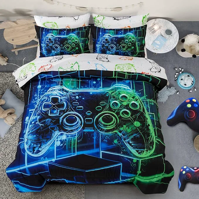 Advanced A Nice Night 5Pcs Gaming Comforter Set Blue Green 3D Game Contoller Themed Keyboard Printing Bedding Sets for Kids Teen Boys Reversible Comforter for All Seasons Full Long-Lasting