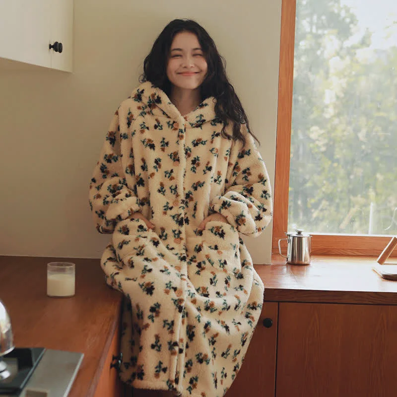 Superior Ownkoti Rustic Floral Hooded Button Plush Robe Optimized
