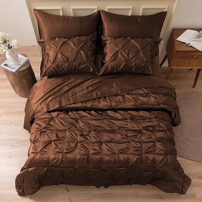Responsible MR amp HM Satin Comforter Full 7 Pieces – Luxurious Pinch Pleat Bedding Set with Comforter Flat Sheet Fitted Sheet Pillowcases amp Shams Super Silky Soft Bed Set for All Season Full Brown Functional