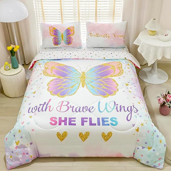 Refined Cokouchyi Twin Size Comforter Set for Girls 5-Piece Bed in a Bag 3D Colorful Butterfly Bedding Comforter Sheet Set Ultra Soft and Fluffy Pink amp Rainbow Color Detailed