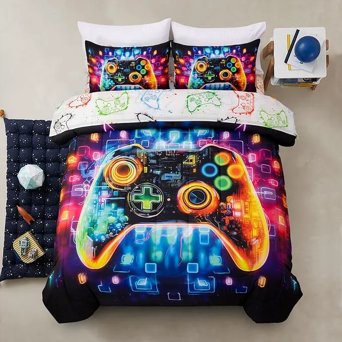 First-Class A Nice Night 5PC Game Console Comforter Set for Boys Girls Kids Space Universe Gaming Like Rhythmic Music Style Lightweight Gamer Bedding Full Powerful