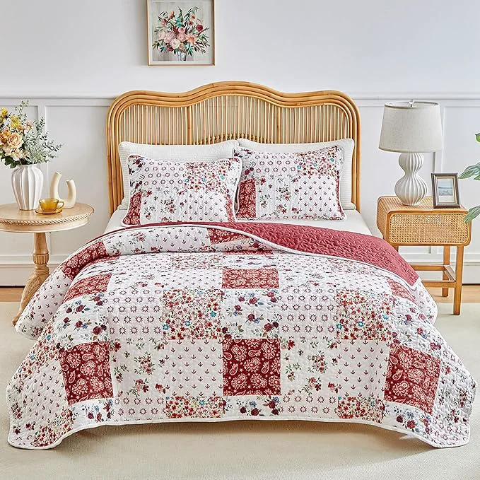 Next-Generation Joyreap 3 Pieces Floral Patchwork Quilt Set Twin Burgundy Red n White Flowers Design Smooth Soft Microfiber Quilt Bedspread Bed Cover for All Season 90×90 inches Solid