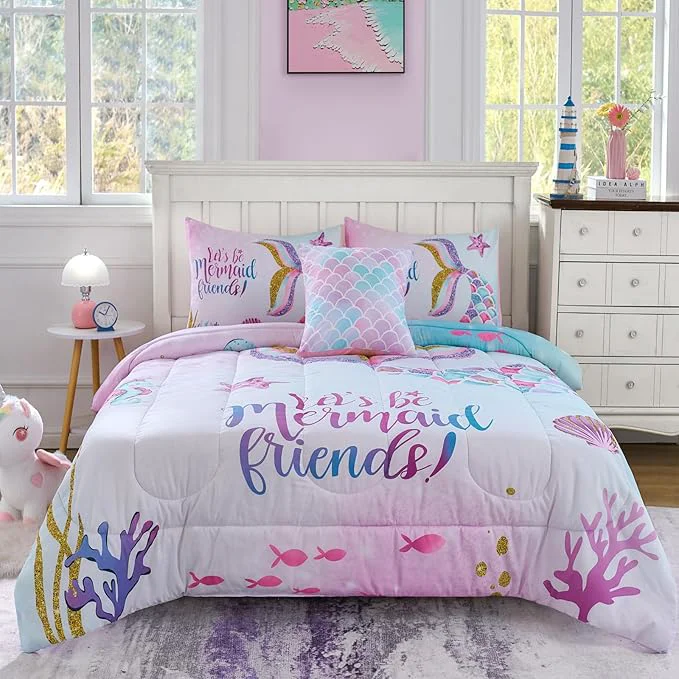 Elegant Cokouchyi Twin Size Comforter Set for Girls 5-Piece Bed in a Bag 3D Colorful Mermaid Bedding Comforter Sheet Set Ultra Soft and Fluffy Mermaid Comfortable
