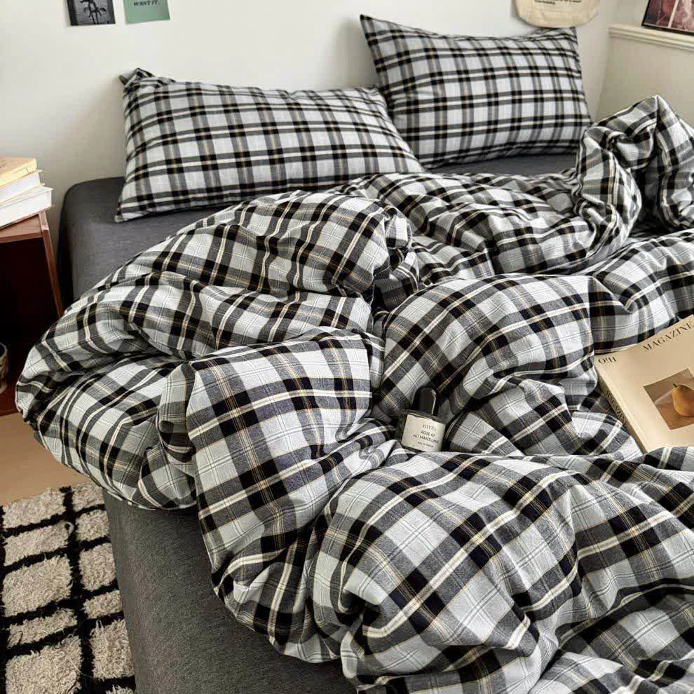Recyclable Ownkoti Classic Plaid Cotton Bedding Set Natural