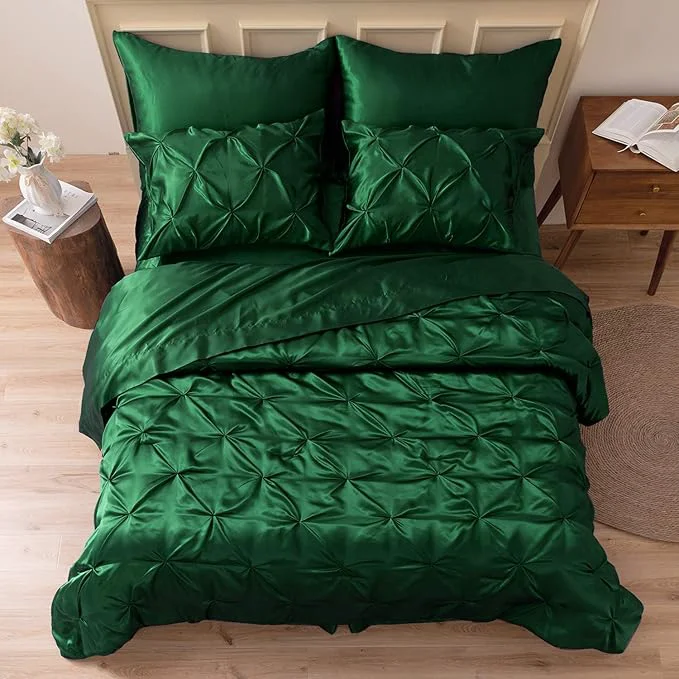 Consistent MR amp HM Satin Comforter California King 7 Pieces Dark Green – Luxurious Pinch Pleat Bedding Set with Comforter Flat Sheet Fitted Sheet Pillowcases amp Shams Super Silky Soft Bed Set for All Season Practical