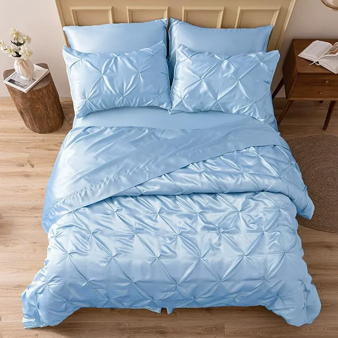 Natural MR amp HM Satin Comforter Twin XL 5 Pieces – Luxurious Pinch Pleat Bedding Set with Comforter Flat Sheet Fitted Sheet Pillowcase amp Sham Super Silky Soft Bed Set for All Season Twin XL Light Blue Detailed