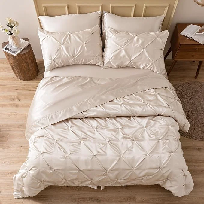 Sustainable MR amp HM Satin Comforter Full 7 Pieces – Luxurious Pinch Pleat Bedding Set with Comforter Flat Sheet Fitted Sheet Pillowcases amp Shams Super Silky Soft Bed Set for All Season Full Beige Top-Quality