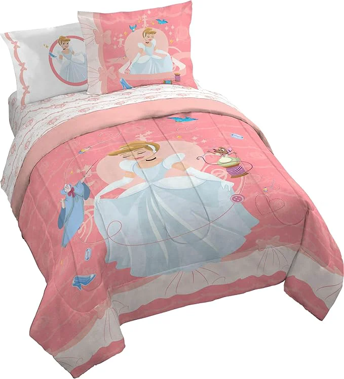 Functional Jay Franco Kids Comforter Set Includes Sheets and Pillow Covers – Soft and Cozy Bed Set for Stylish Room Decor Pink – Princess Cinderella 7 Piece Queen Size Bedding Versatile