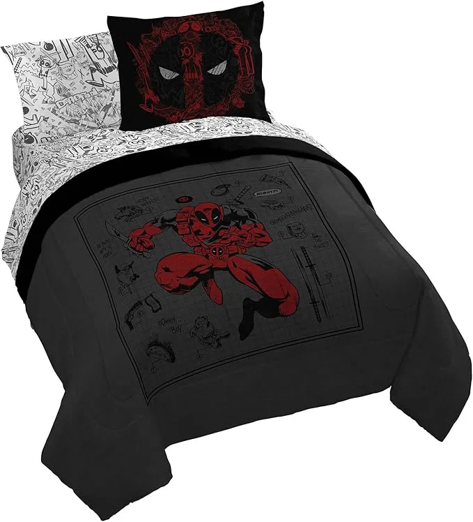Efficient Jay Franco Marvel Deadpool Queen Size Comforter Set – 7 Piece Bedding Includes Sheet Set and Pillow Covers – Gray and Red Super Soft Cozy Bedding Smart