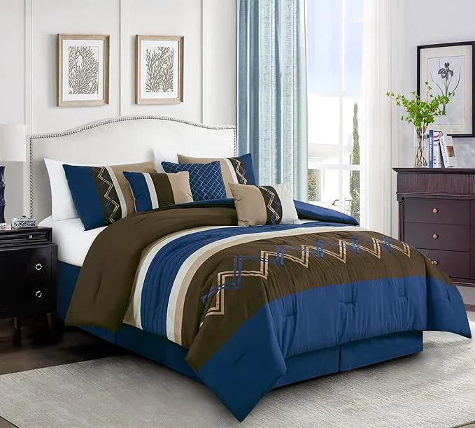 Luxury Chezmoi Collection Arden 7-Piece Modern Pleated Stripe Embroidered Zigzag Bedding Comforter Set Full Coffee Brown Navy White Pure