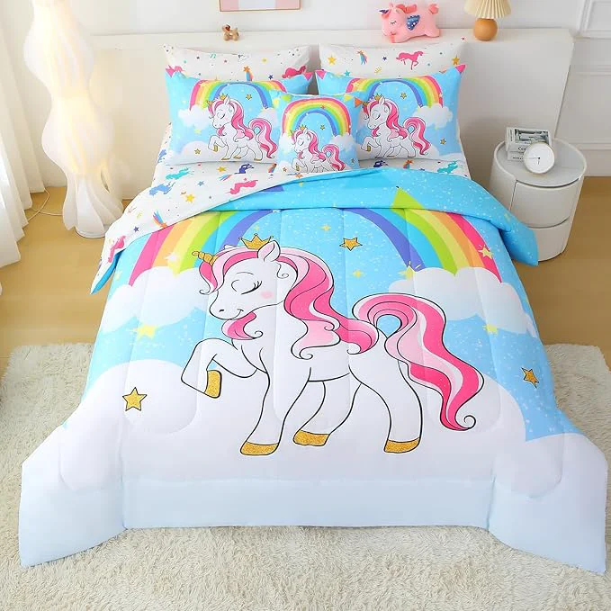 Exceptional JQinHome Unicorn Full Bedding Sets for Girls Kids 8 Piece Bed in A Bag 3D Blue Sky Rainbow Clouds Theme Unicorn Comforter Set with Sheet Set Blue Carefully Designed