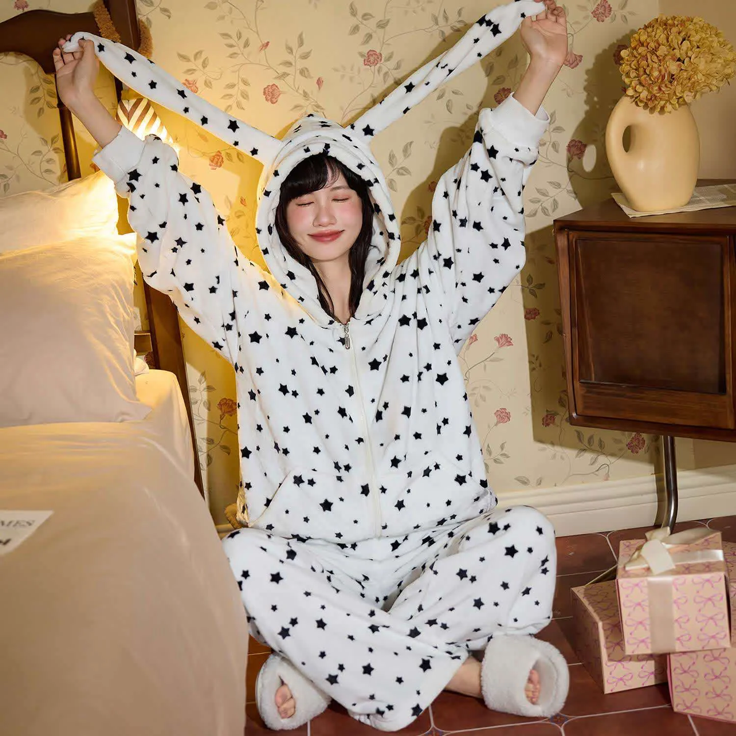 Functional Ownkoti Bunny-Ear Hooded Zip-up Plush Loungewear Set Outstanding