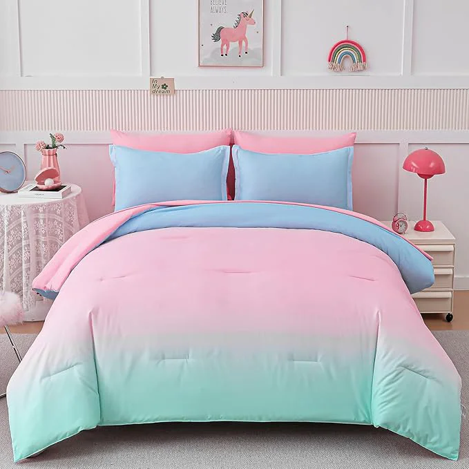Effective Drucon Comforter Set Twin for Teen Girl amp Women 6 Pieces Bed in A Bag Gradient Pink Green Bedding Set 1 Comforter 1 Flat Sheet 1 Fitted Sheet 1 Pillow sham 2 Pillowcases Advanced