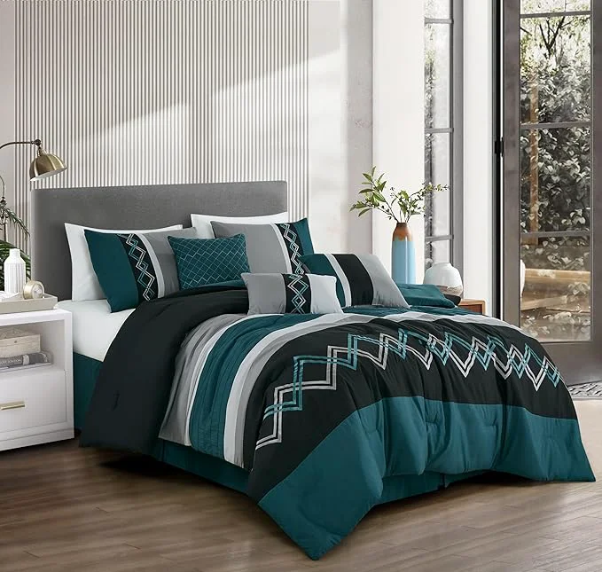Specialty Chezmoi Collection Arden 7-Piece Modern Pleated Stripe Embroidered Zigzag Bedding Comforter Set Full Teal Black Gray Reliable