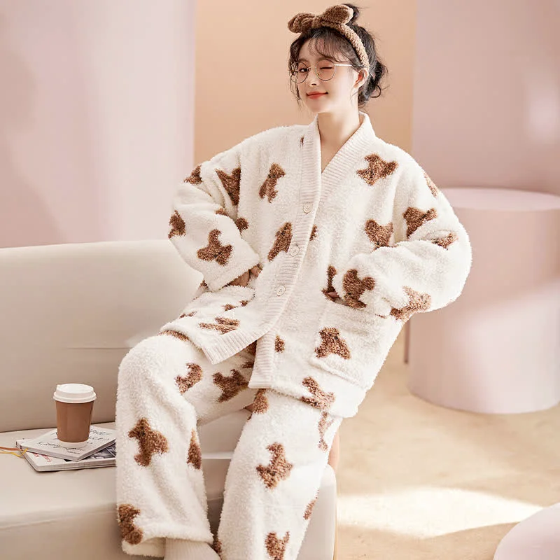 Luxury Ownkoti Cute Bear Button Plush Loungewear Set Breathable