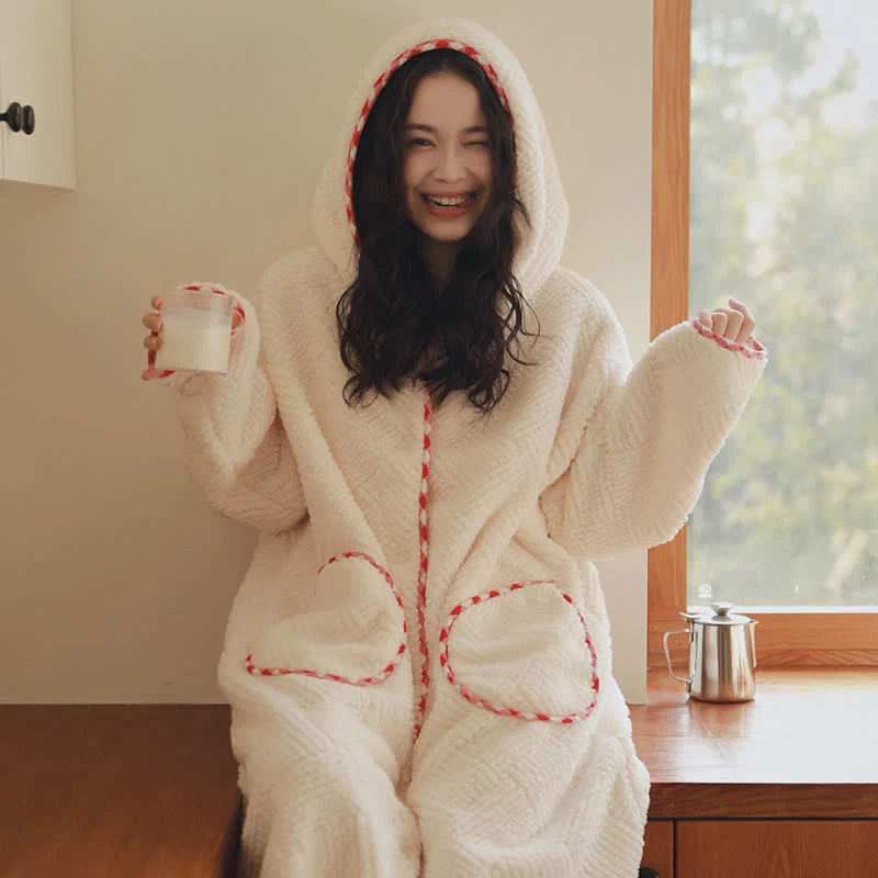 Healthy Ownkoti Stripe Textured Hooded Button Plush Robe Carefully Designed