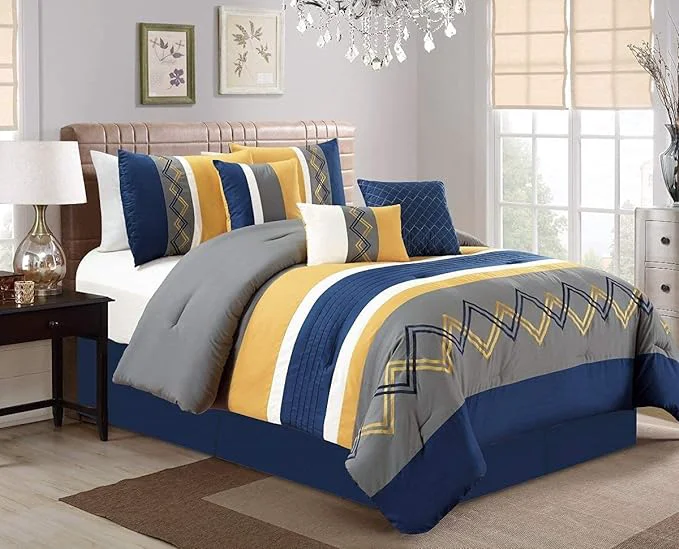 Smart Chezmoi Collection Arden 7-Piece Modern Pleated Stripe Embroidered Zigzag Bedding Comforter Set Full Navy Gray Yellow White Exceptional