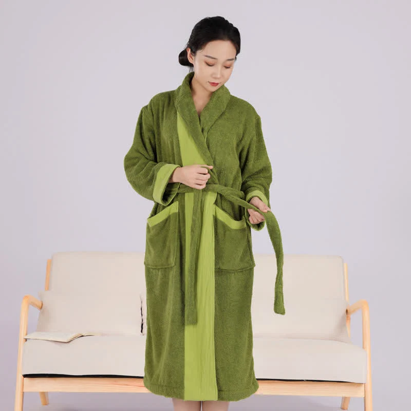 Authentic Ownkoti Minimalist Style Colorblock Cotton Bathrobe Casual