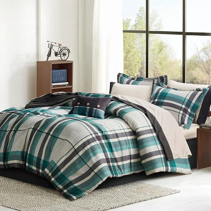 Trusted Intelligent Design Robbie 7-Piece Twin XL Comforter Set – Lightweight All-Season Plaid Bedding Teal Black Cozy Bed-in-a-Bag with Matching Shams amp Decorative Pillow Modern Casual Style Genuine