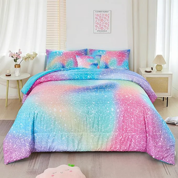 Reliable RYNGHIPY Full Girls Comforter Set Colorful Rainbow Bed in A Bag for Girls Kids 6 Piece Ombre Galaxy Glitter Bedding Set Recyclable