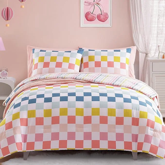 Quality Twin Comforter Set for Girls-5 Pieces Colorful Check Twin Bedding Sets for Kids Ultra Soft Bed in A Bag with Sheets Sophisticated