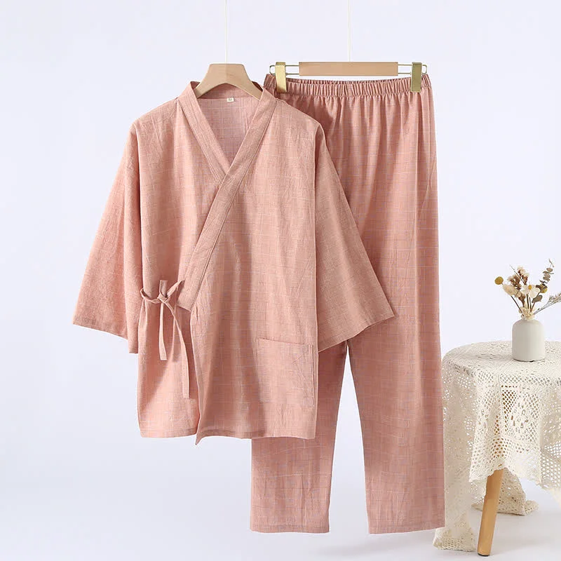 Minimalist Ownkoti Subtle Plaid Cotton Gauze Kimono Loungewear Crafted