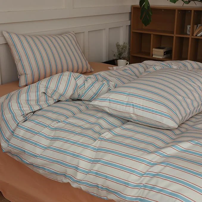 Elegant LifeTB Striped Comforter Set Twin XL Size Fluffy Soft Blue Brown Stripes Pattern Printed Bedding Set 3 Pieces Lightweight Bedding Comforter Set Breathable Striped Bed Comforter with 2 Pillowcases Reliable