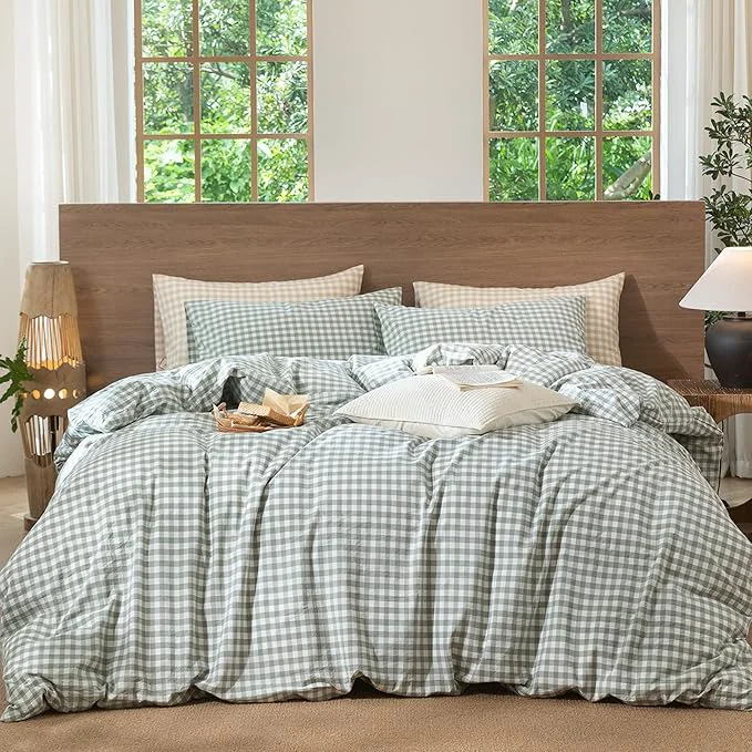 Official MooMee Gingham Duvet Cover Set Washed Cotton Linen Like Textured Breathable Durable Soft Comfy Modern Checkered Design Sage Green Gingham Twin 68 quot x90 quot Long-Lasting