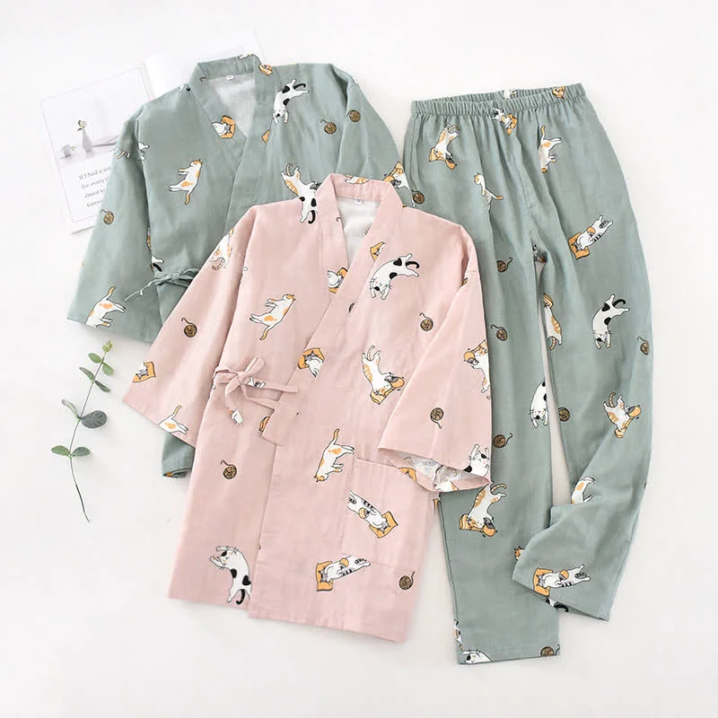 Artisan Ownkoti Couple Matching Cat Cotton Kimono Loungewear Exceptional