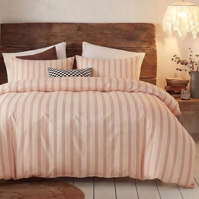 Detailed Bedbay Cotton Striped Duvet Cover Set King Size Warm Apricot Bedding Set Cotton Sateen Silky Soft Cozy 3 Piece Duvet Cover for All Seasons Modern