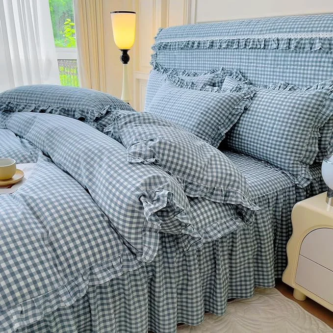 Innovative LifeTB Blue Gingham Comforter Set King 3 Pieces Ruffle Plaid Checkered Pattern Comforter Chic Gingham Bedding Set Fluffy Soft Grid Plaid Bedding Comforter Farmhouse Checkered Comforter Set King Practical