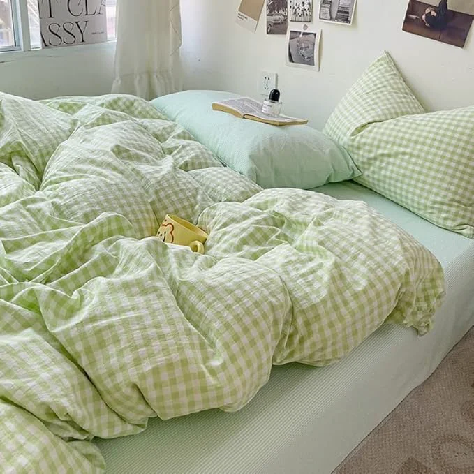 Superior LifeTB Green Gingham Comforter Set Full Modern Style Green Grid Bed Comforter 3 Pieces Vintage Plaid Checkered Comforter with 2 Pillowcases Breathable Farmhouse Gingham Bedding Comforter Set Exceptional