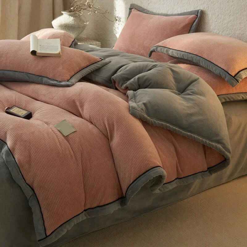 Unique Ownkoti Waffle Textured Reversible Plush Bedding Set 4PCS High-Grade