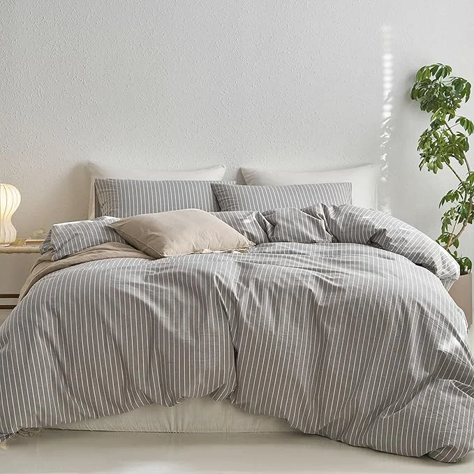 Solid MooMee Striped Duvet Cover Set Washed Cotton Linen Like Textured Breathable Durable Soft Comfy Light Grey White Wide Stripes Alaska King 132 quot x120 quot Fast