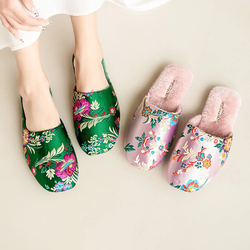 Sustainable Ownkoti Retro Floral Embroidered Plush House Slippers Verified