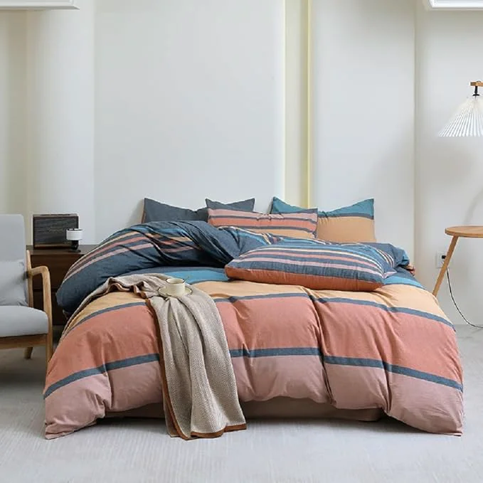 Safe LifeTB Striped Comforter Set Queen Size Multi-Colored Stripes Pattern Comforter Fluffy Bed Set 3 Pieces Lightweight Bedding Comforter Modern Soft Patchwork Stripe Comforter Set with 2 Pillowcases Easy-to-Use
