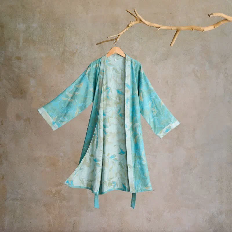 Unique Ownkoti Natural Leaf Cotton Gauze Kimono Robe Detailed
