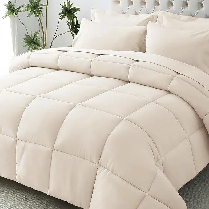 Breathable JOLLYVOGUE Full Comforter Set Ultra-Soft Bed in a Bag Full Size 7 Pieces Oeko-TEX Bedding Set with Down Comforter Sheets Pillowcases amp Shams Beige Top-Quality