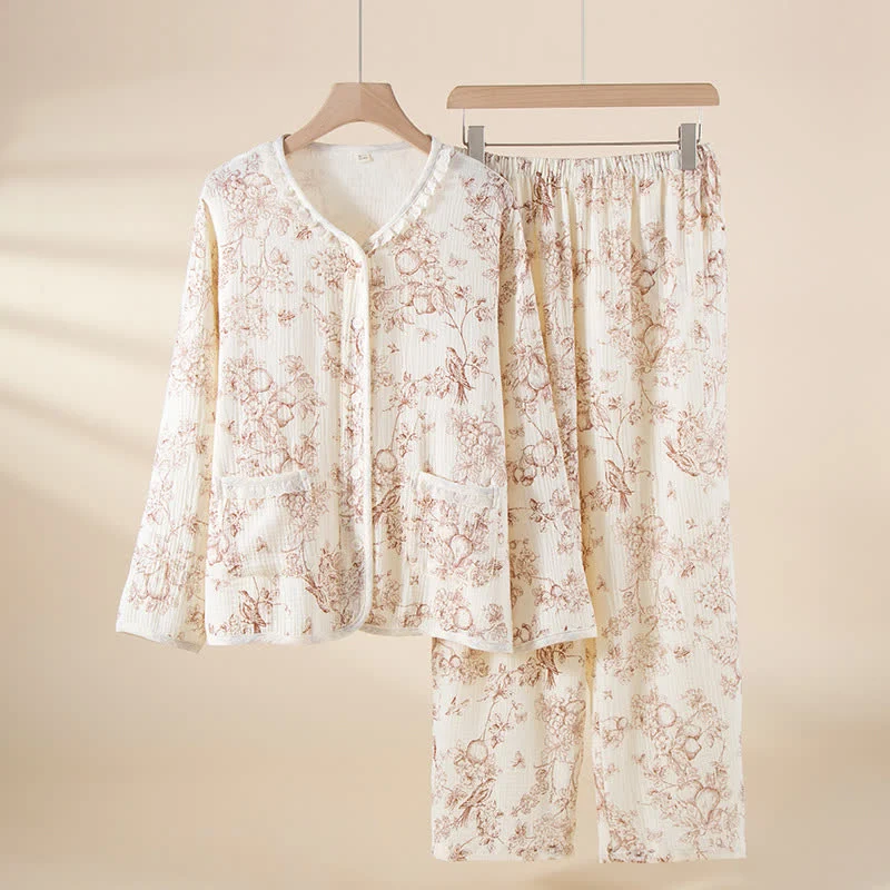 Sophisticated Ownkoti Retro Floral Cotton Gauze Ruffled Pajama Set Relaxed
