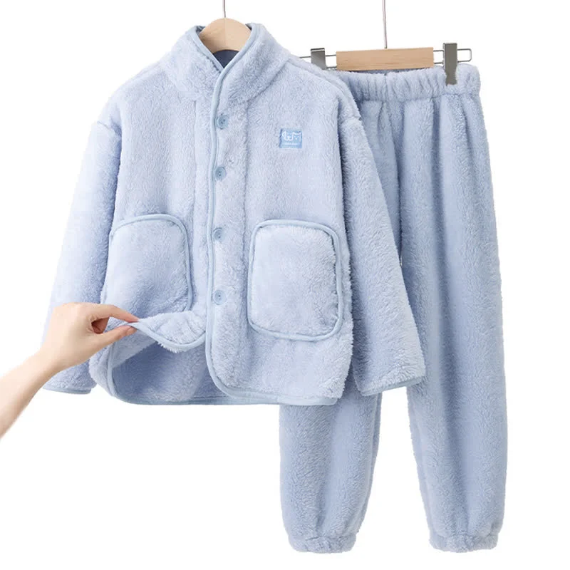 Excellent Ownkoti Solid Button Child Plush Loungewear Set Elegant