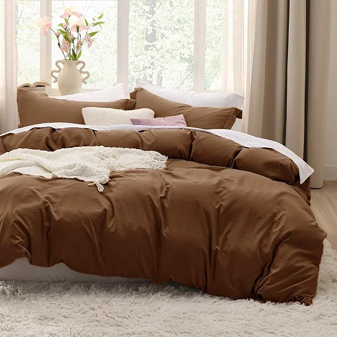 Premium Bedsure Brown Duvet Cover Queen Size – 3 Pieces Prewashed Cotton-Like Extra Soft Bedding Set Includes 1 Duvet Cover 90×90 Inches with Zipper Closure amp 2 Pillow Shams Comforter Not Included Reliable