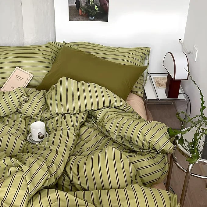 Artisan mixinni Vintage Stripes Duvet Cover Set Queen – 3-Piece Mid-Century Cotton Olive amp Taupe Striped Bedding Soft Breathable All-Season Comforter Cover with Zipper Closure amp Corner Ties-Queen Size Outstanding
