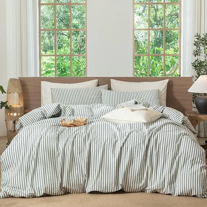 Smart MooMee Striped Duvet Cover Set Washed Cotton Linen Like Textured Breathable Durable Soft Comfy Heathered Green Classic Stripes Cal King 104 quot x98 quot Dependable