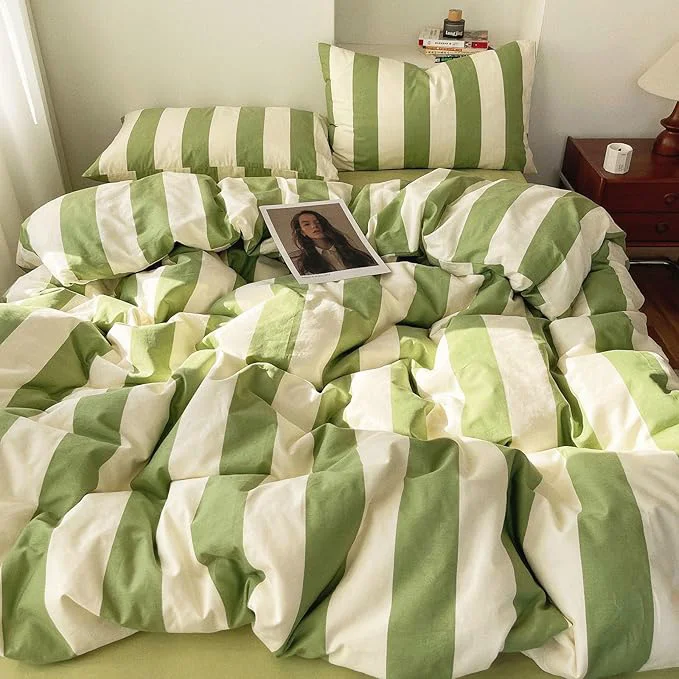 Healthy LifeTB Striped Comforter Set King Green White Stripes Pattern Printed Comforter Soft Fluffy Lightweight Bedding Set for All Seasons Reversible 3 Pieces Farmhouse Stripe Comforter with 2 Pillowcases Smooth