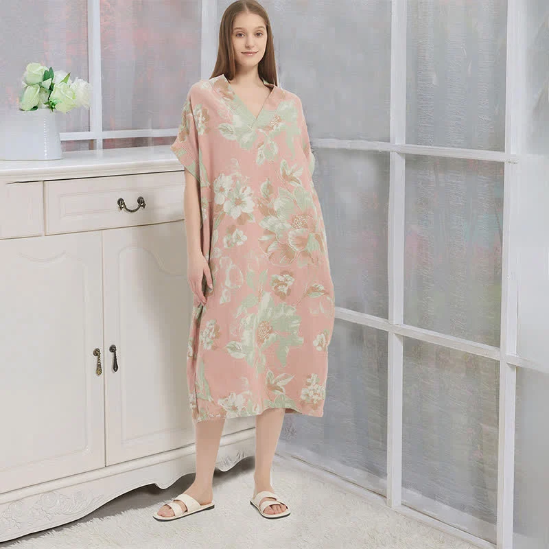 Crafted Ownkoti Jacquard Double-Layer Gauze Floral Nightgown Solid