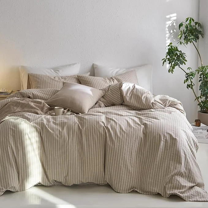 Versatile MooMee Striped Duvet Cover Set Washed Cotton Linen Like Textured Breathable Durable Soft Comfy Tannish Linen Grey White Wide Stripes Cal King 104 quot x98 quot Original Design