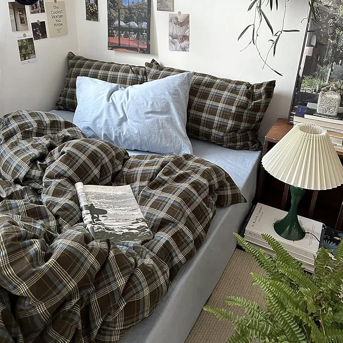 Green mixinni Vintage Buffalo Plaid Duvet Cover Set Queen Size – 3 Piece Washed Cotton Bedding Set with Grid Pattern Soft amp Breathable Duvet Cover with Pillowcases for All Seasons Brown amp Blue Beige Original Design