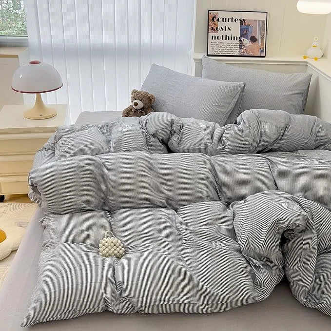Sustainable mixinni Grey Striped Duvet Cover Twin Size – Washed Cotton Pinstripe Comforter Cover with Zipper Closure Lightweight amp Breathable 3 Pieces Minimalist Stripes Pattern Printed Bedding Set Sophisticated