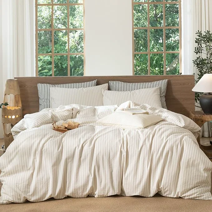 Responsible MooMee Striped Duvet Cover Set Washed Cotton Linen Like Textured Breathable Durable Soft Comfy Almond Milk Grey Classic Stripes Super King Plus 120 quot x120 quot Eco-Friendly
